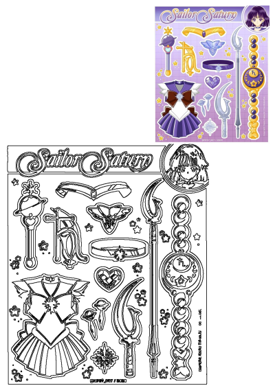 A vibrant Sailor Saturn sticker sheet showcasing her iconic uniform, Silence Glaive, and other magical accessories. Includes a printable outline.