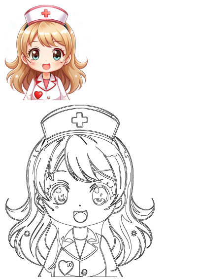 Cute kawaii blonde nurse character design wearing a red cross cap and heart emblem, presented alongside a black and white outline.