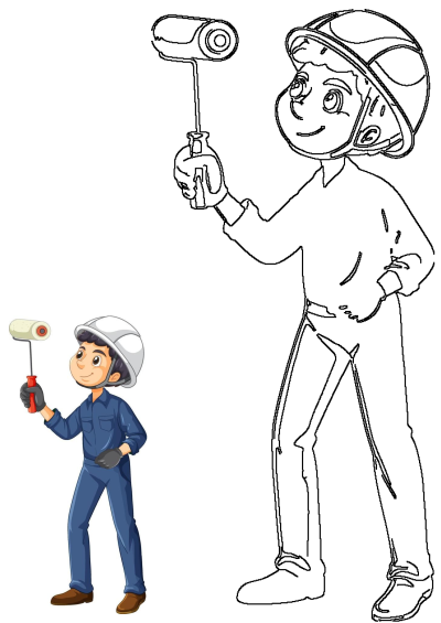 Smiling cartoon construction worker in a hard hat and blue uniform, holding a paint roller. Outline version included.