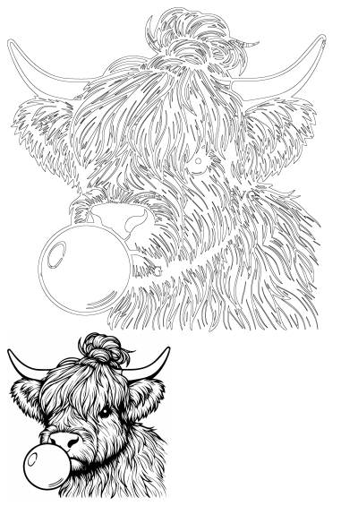 Cute Highland cow farm animal blowing bubblegum, presented as SVG line art. This shaggy cow clipart cut file features horns and a top bun.