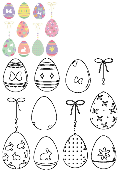 Colorful Easter Eggs Designs Collection, featuring vibrant painted eggs and matching black outline patterns with bunnies, hearts, and flowers.