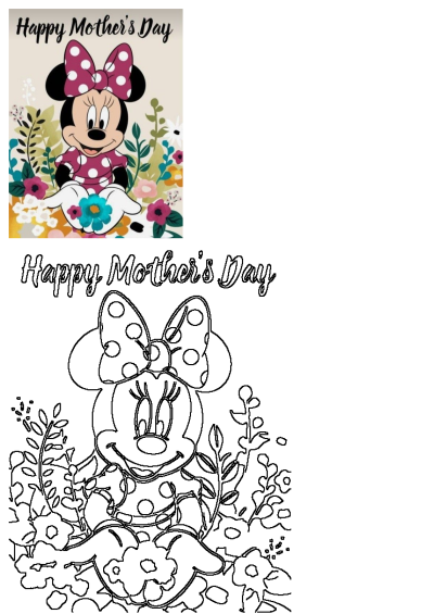 Minnie Mouse Mothers Day Card Floral Background features a colorful Minnie with flowers, plus a black and white outline for coloring.