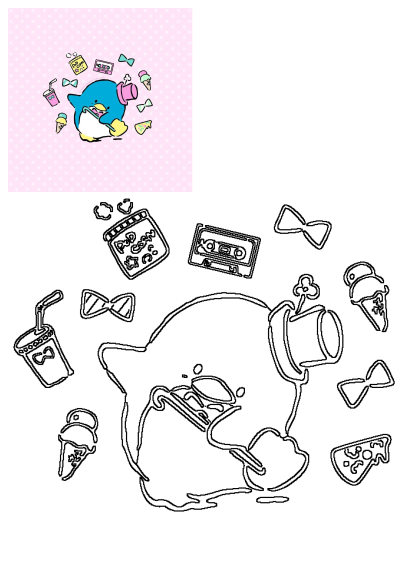 A cute blue cartoon penguin with a pink hat playing among popcorn, ice cream, soda, and fun accessories on a pink polka dot background.