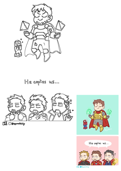 Humorous Marvel comic features chibi Mysterio displaying illusions to Spider-Man. Thor, Iron Man, and Doctor Strange are annoyed, realizing Mysterio copies their powers.