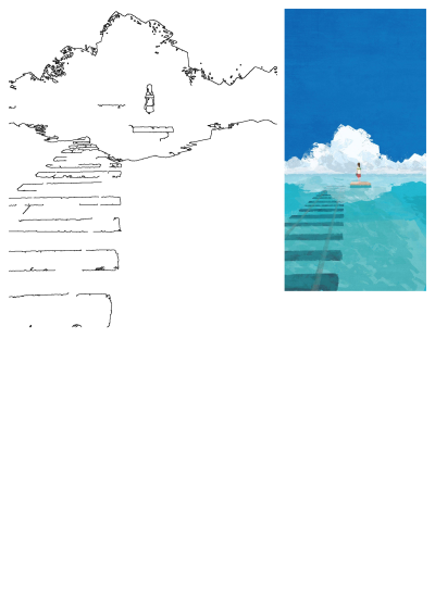 A serene painting depicts a girl floating on a raft on calm blue water, a submerged path leading to snowy mountains under a bright sky.