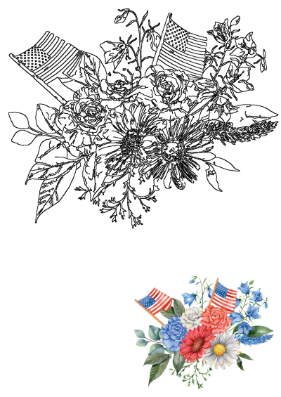 Detailed line art of a patriotic flower bouquet adorned with American flags, celebrating a festive and national theme.