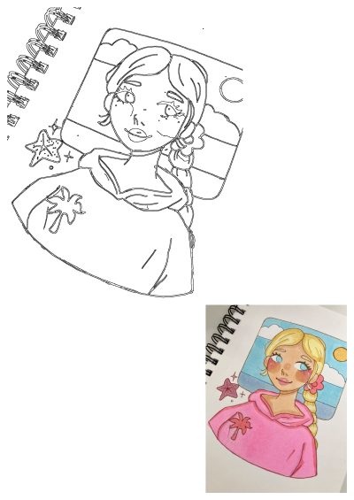 A cheerful blonde girl in a pink hoodie with a palm tree design, a starfish, and a sunny beach background. Hand-drawn in a notebook.