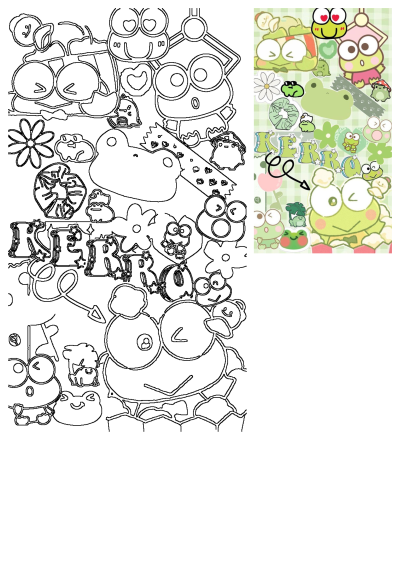 A vibrant Keroppi kawaii frog aesthetic. Features a colorful collage on a green checkered background, paired with matching outline art.