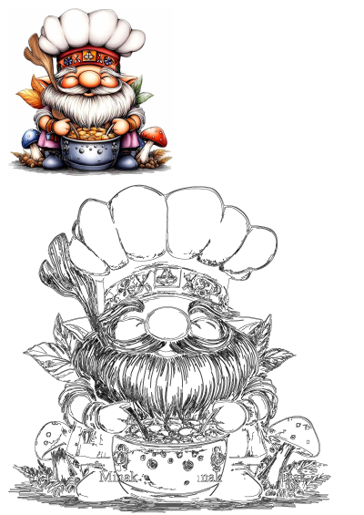 Cartoon chef gnome with a white beard and chef hat, happily stirring a pot of hearty soup with mushrooms. Detailed line art also included.