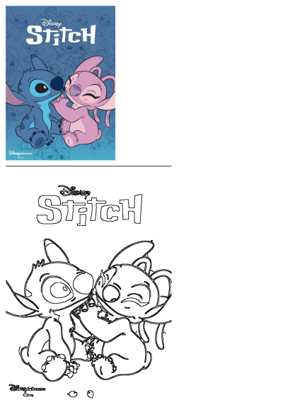 Official Disney Stitch poster featuring blue Stitch and pink Angel hugging, with a matching black & white outline.