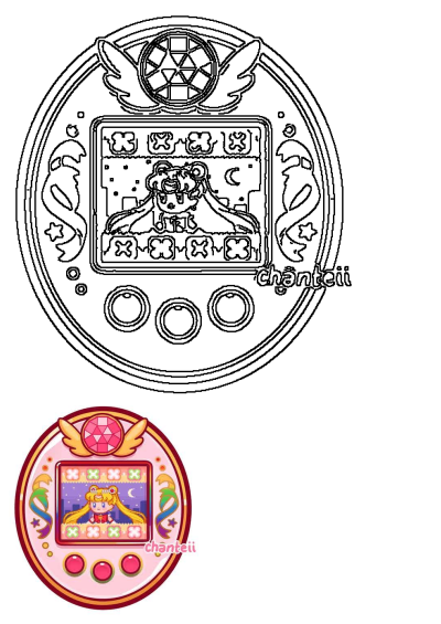 A Sailor Moon Tamagotchi device featuring a pink frame and the popular cartoon character on its screen, presented in both outline and colored versions.