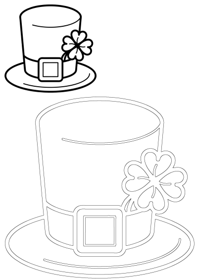 Black outline drawing of a St. Patrick's Day top hat featuring a buckle and a lucky three-leaf clover, suitable for projects.