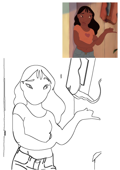 Nani Pelekai, a Lilo and Stitch character, shown in outline form for drawing, with the original colored image. She poses with a shaka.
