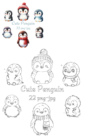 Adorable cartoon penguins in winter hats and scarves. This illustration features both colored and outline versions of cute birds.