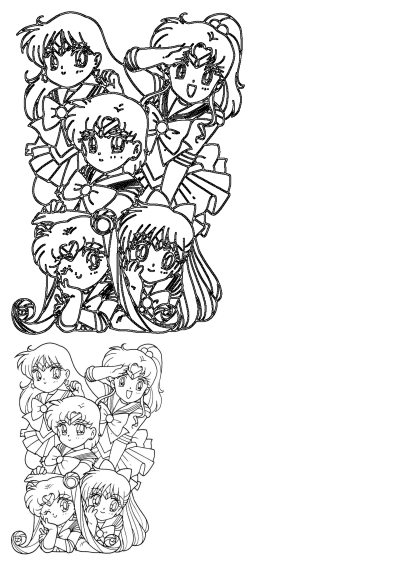 An adorable outline drawing of multiple chibi Sailor Moon characters stacked together, perfect for kids under 5.