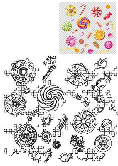 Vibrant collection of colorful candies, lollipops, and candy canes on transparent background, alongside detailed outline drawings of sweets.