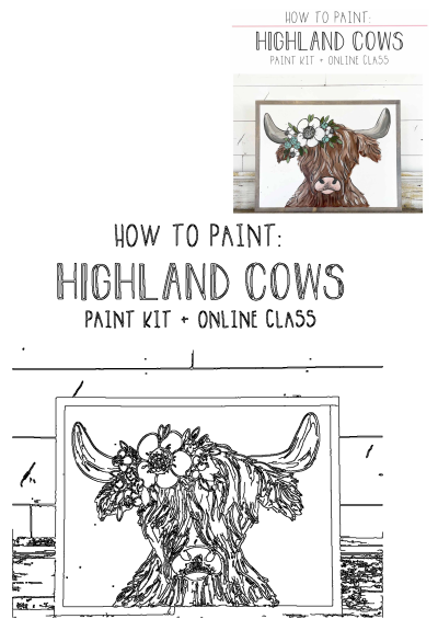 Learn to paint a charming Highland cow with a floral wreath using this paint kit and online class. Includes outline drawing.