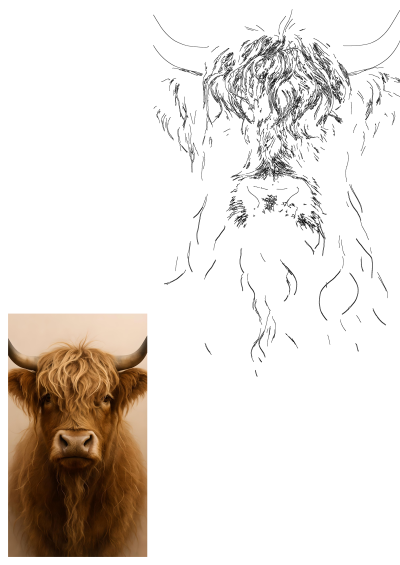 A Highland cow with long hair staring at the camera, presented as both a realistic portrait photo and a black and white line art sketch.