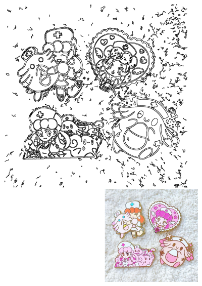 Odile Du's Instagram art showcasing original outlines and vibrant enamel pins of Nurse Joy and other cute Pokemon characters.