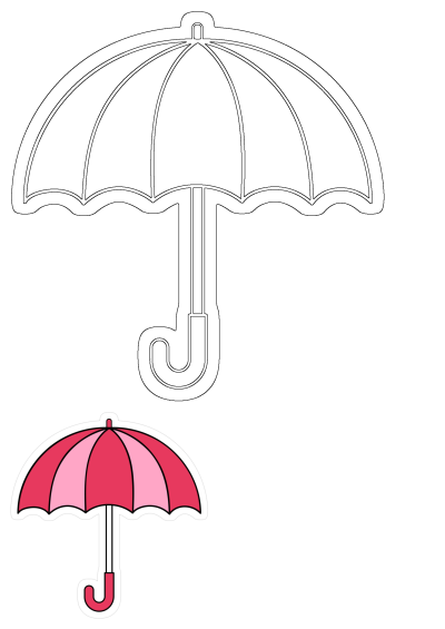 A cute pink and red umbrella sticker with light and dark pink segments, shown with its corresponding black outline drawing.