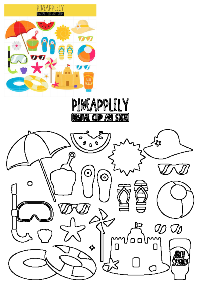 Vibrant beach and summer vacation clip art set featuring sunglasses, flip flops, sandcastle, umbrella, plus outline versions.