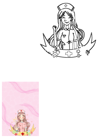 Happy cartoon nurse in pink uniform on a pink background with hearts, raising a fist. Ideal for health care and motivational themes.