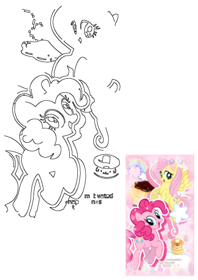My Little Pony's Pinkie Pie and Fluttershy eagerly ready for donuts. Features a vibrant, colorful illustration alongside a detailed outline drawing.
