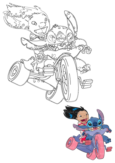 Stitch and Lilo joyfully ride a blue and pink tricycle, smiling brightly in this vibrant cartoon image, alongside its line art outline.