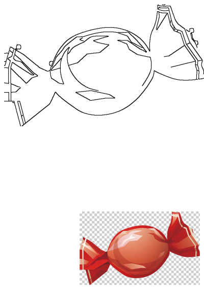 A glossy red wrapped candy on a transparent background, with a black outline drawing of a similar sweet treat above.