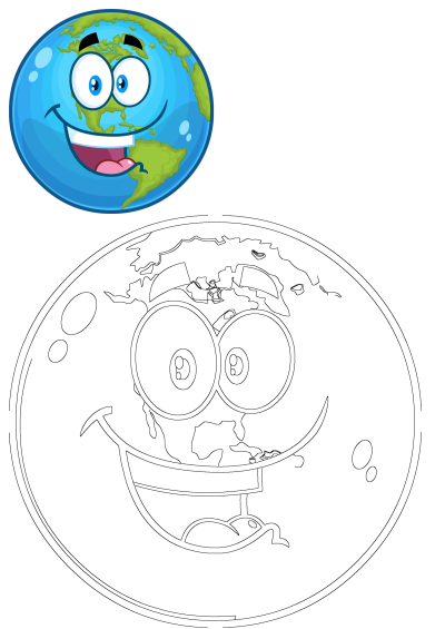 Cheerful cartoon globe character smiling with tongue out, with visible continents. Also includes its outline version for coloring.