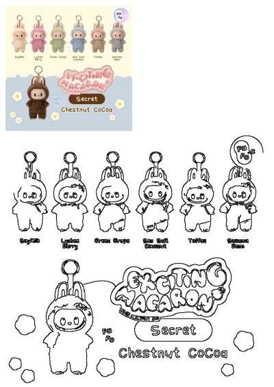 Exciting Macaron The Monsters Animal Keychain Collection featuring plush bunny characters in various flavors like SoyMilk, Toffee, and Chestnut Cocoa.