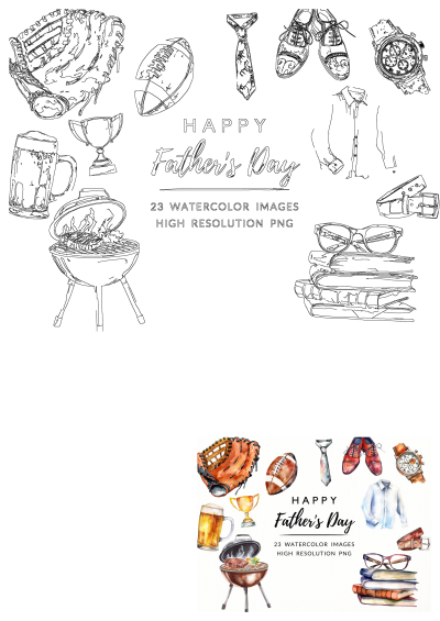 Fathers Day watercolor clipart set featuring items for dads: sports gear, BBQ, beer, fashion, and reading essentials. High-res PNG images.