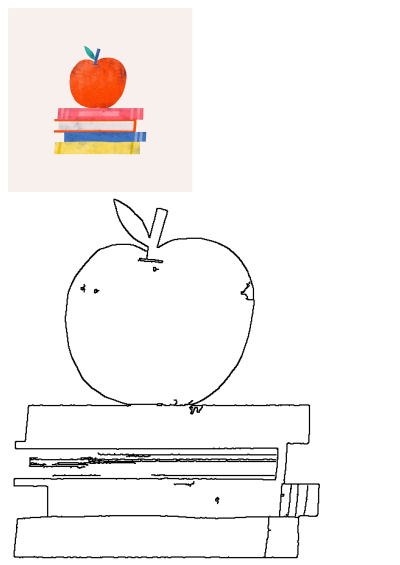 A vibrant illustration featuring a red apple with a green leaf atop a stack of blue, yellow, and red books, symbolizing education.