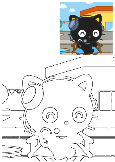 Cool black cat wearing headphones and microphone, smiling while sitting on a chair. This image includes a colored cartoon and a detailed outline version.
