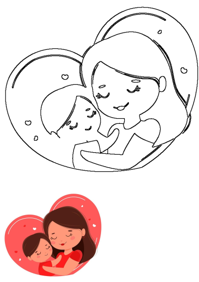 A cute cartoon illustration of a mother hugging her child within a heart-shaped frame, surrounded by smaller hearts, symbolizing love.