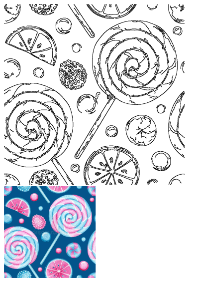 Vibrant watercolor pattern with pink and blue lollipops, candies, and fruit slices on a dark blue background; includes line art.