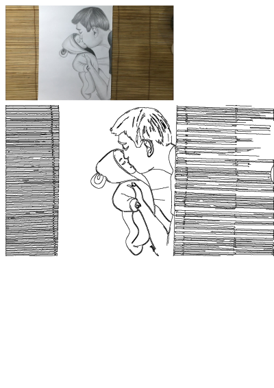 A pencil drawing depicting a boy gently holding a teddy bear, with natural bamboo blinds in the background.