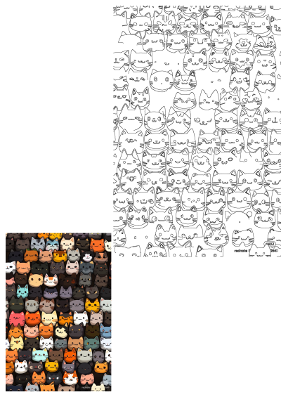 A colorful cartoon cats pattern with cute kitten faces and outline versions, perfect for a vibrant background or creative project.