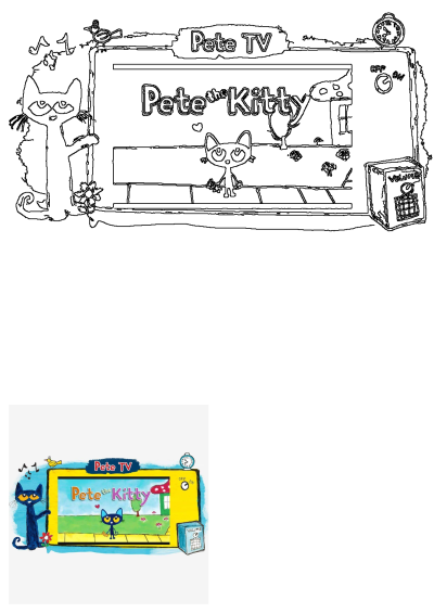 Pete the Cat and Kittyty on TV with an alarm clock. Pete watches a smaller Kittyty on the screen, surrounded by a bird, music notes, and controls.