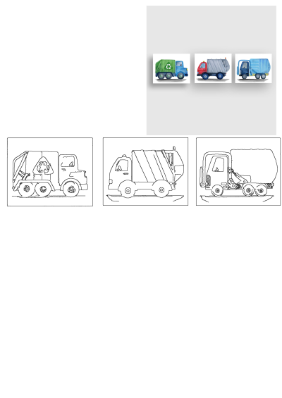 Three cartoon garbage trucks in vibrant colors and their black-and-white outline versions, including recycling and compactor trucks.