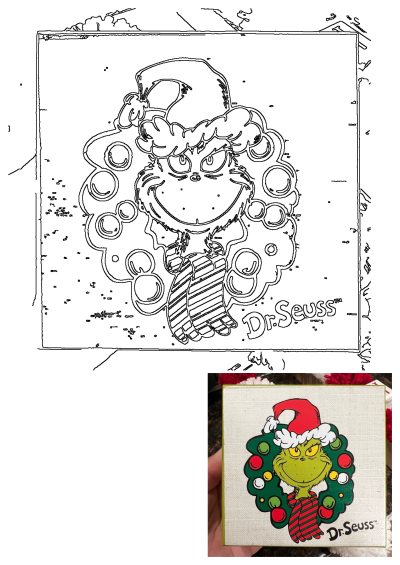 Dr. Seuss Grinch Christmas wreath holiday decor, showing the iconic green Grinch wearing a Santa hat and striped scarf.