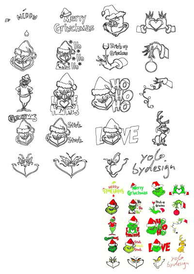 Colorful Grinch Christmas stickers and festive holiday designs featuring Grinch faces, Max, humorous text, and hands.