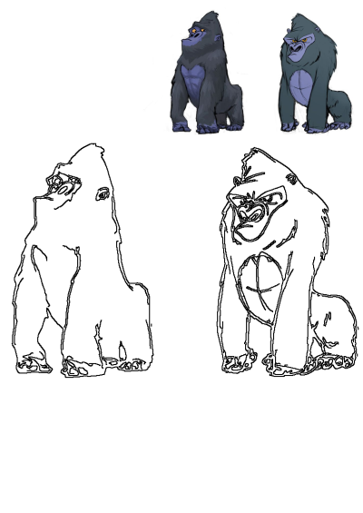 Cartoon gorilla character design displaying both angry and neutral expressions, with colored and line art versions.