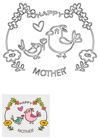 Happy Mother's Day card illustration: A sweet scene with a mother bird and baby bird, flowers, and a heart, perfect for moms.