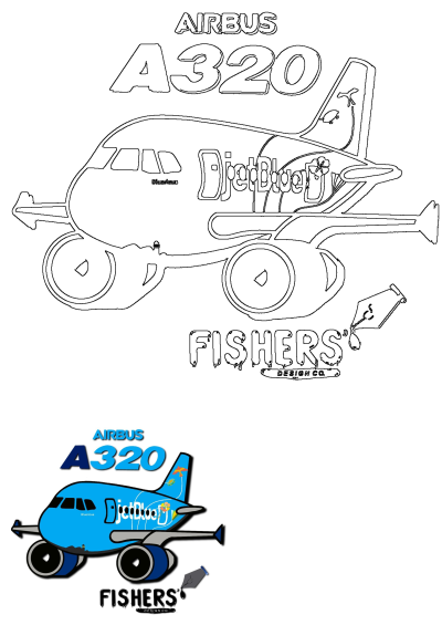 Airbus A320 airplane design for JetBlue, created by Fishers Design Co, featuring both an outline and a colored version.