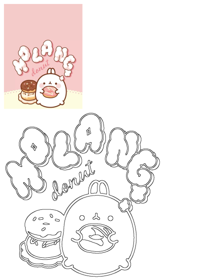 A kawaii Molang cartoon character happily holds a pink donut, with two delicious donuts stacked on a sweet pink background.