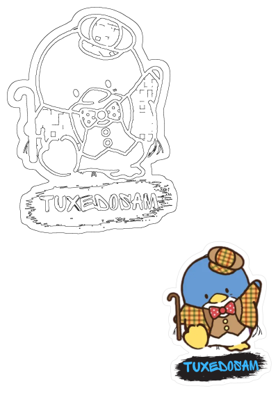 Tuxedosam Penguin sticker and outline design, featuring the Sanrio character with a plaid hat, bow tie, vest, and cane.
