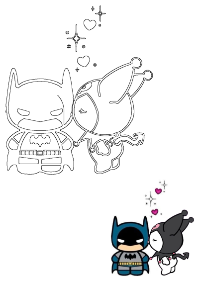 Adorable outline drawing of chibi Batman and Kuromi cartoon characters sharing a loving kiss, surrounded by hearts and sparkles.