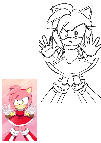 Black and white outline drawing of Amy Rose from Sonic, showcasing her iconic pink hair and a shy pose with hands up, alongside a smaller colored reference.