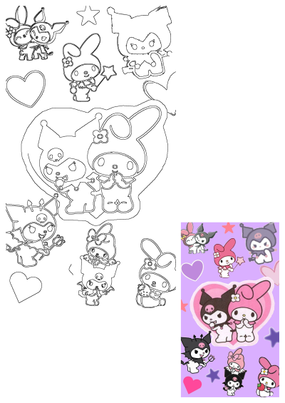 My Melody and Kuromi cartoon characters in various poses on a vibrant purple background with cute hearts and stars.